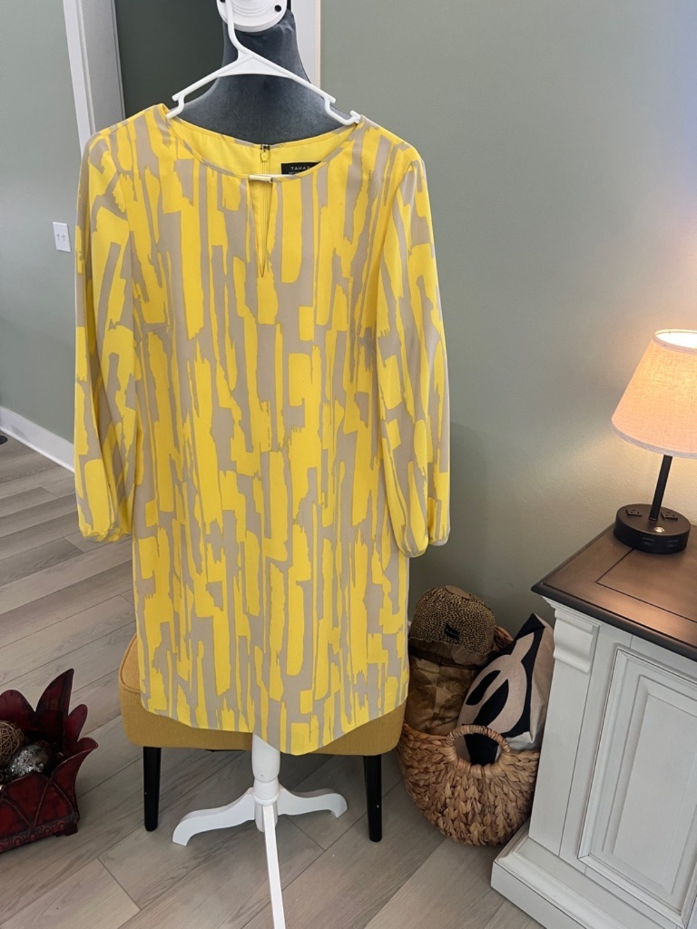 Tahari Yellow and Beige Long Sleeve Shift Dress